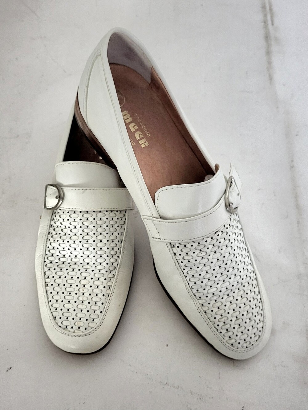 Creazioni MGGR Acupulco Cudio White Perforated Leather SlipOn Loafers Buckle 8.5
